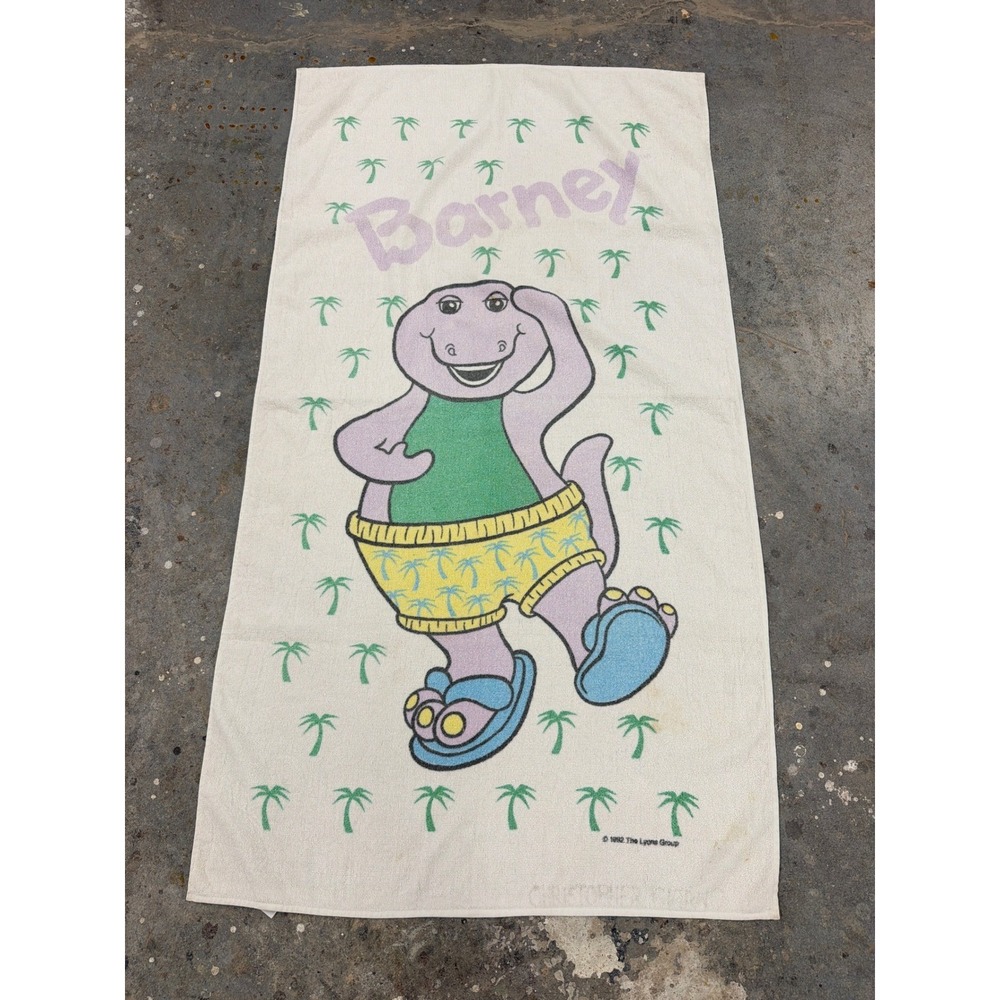 Vintage 1992 Barney the Dinosaur Beach Towel Tropical Palm Trees 90s Lyons Group